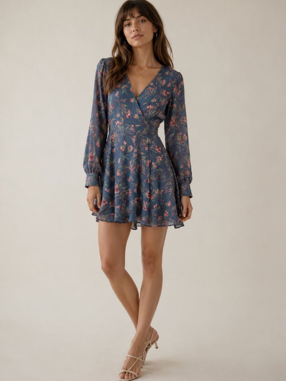 Floret Studios by Nordstrom Willow Slate Blue Floral V-Neck Dress Medium 0719